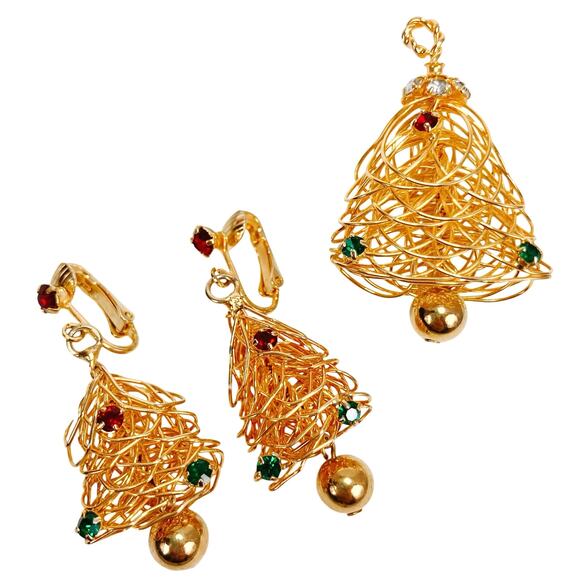 Vintage Gold Tone Rhinestone Christmas Tree Pendant Brooch Clip-On Earrings Set - Picture 1 of 9
